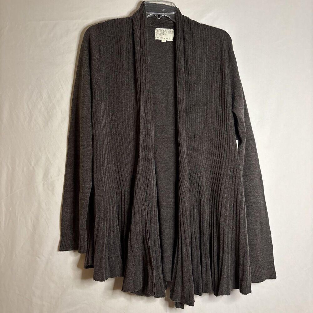 Debbie Morgan Long Sleeve Ribbed Front Flared Open Cardigan Sweater Brown Large